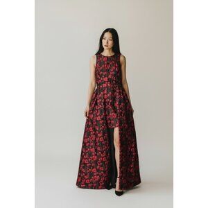 Bebe Womens Sina Jacquard Hi-Lo Dress Gown Black & Red Floral Metallic Maxi 10